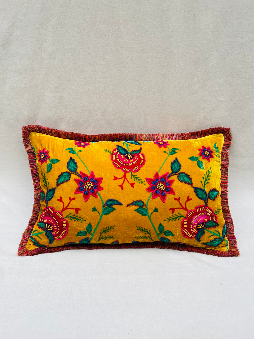 Gold Velvet Floral Embroidered Throw Pillow Cover
