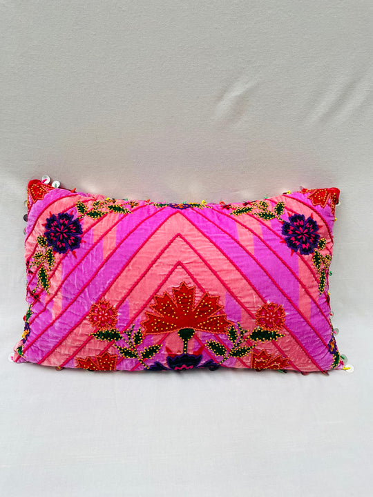 Fuchsia Floral Embroidered Throw Pillow Cover
