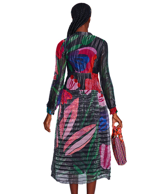 Isra Hand-Pleated Long Sleeve Midi Dress