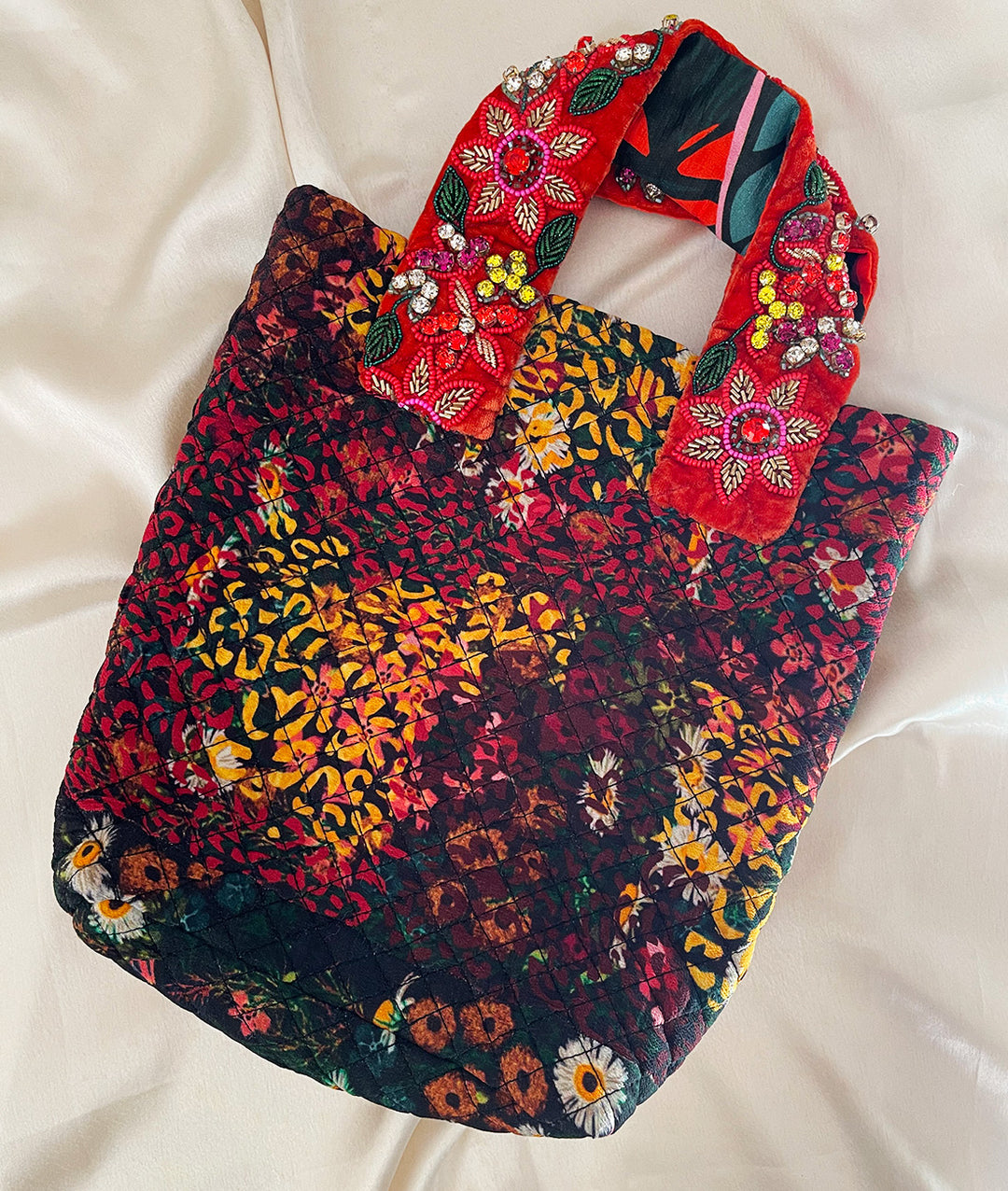 Lydia Floral Quilted Silk Velvet Tote Bag