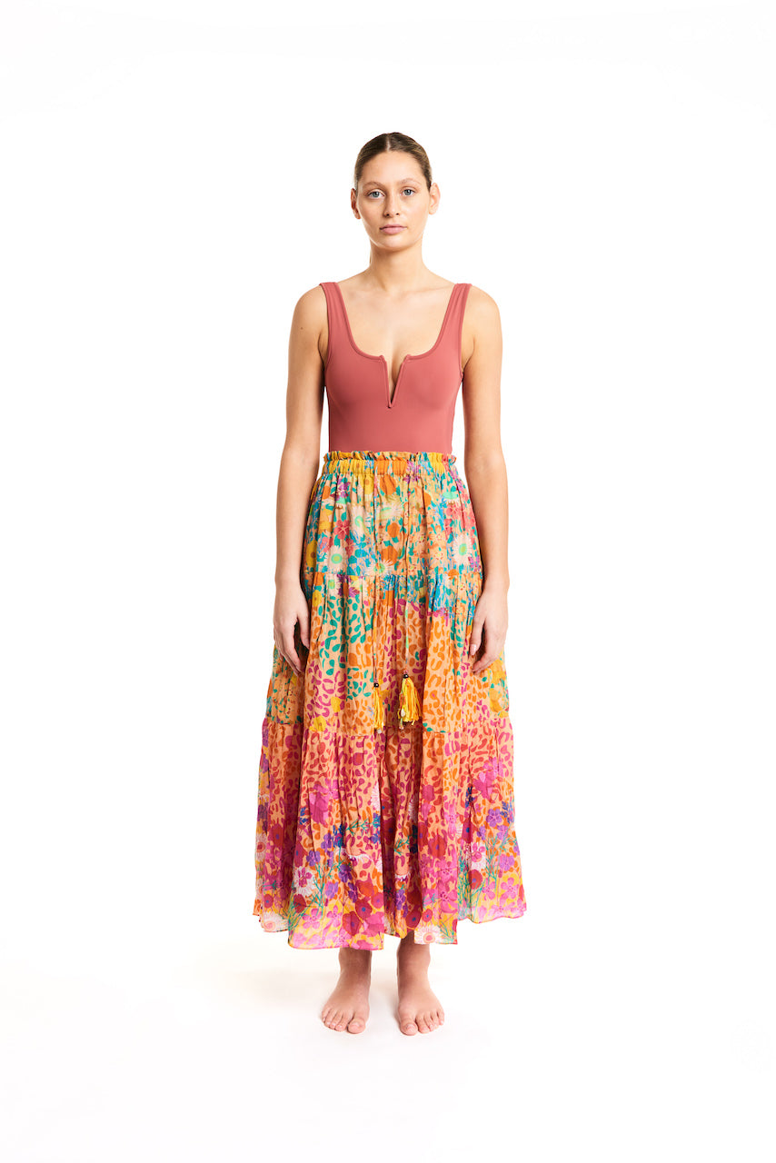 Tiered Cover-Up Skirt in Purple Garden